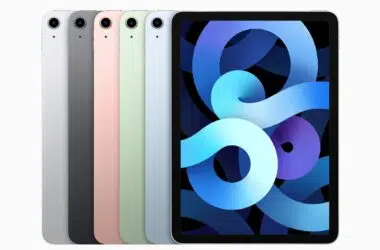 Modelos do ipad air 4ª geração emplihados: cinza, rosa, verde, azul virados de costas, prateado virado pra frente