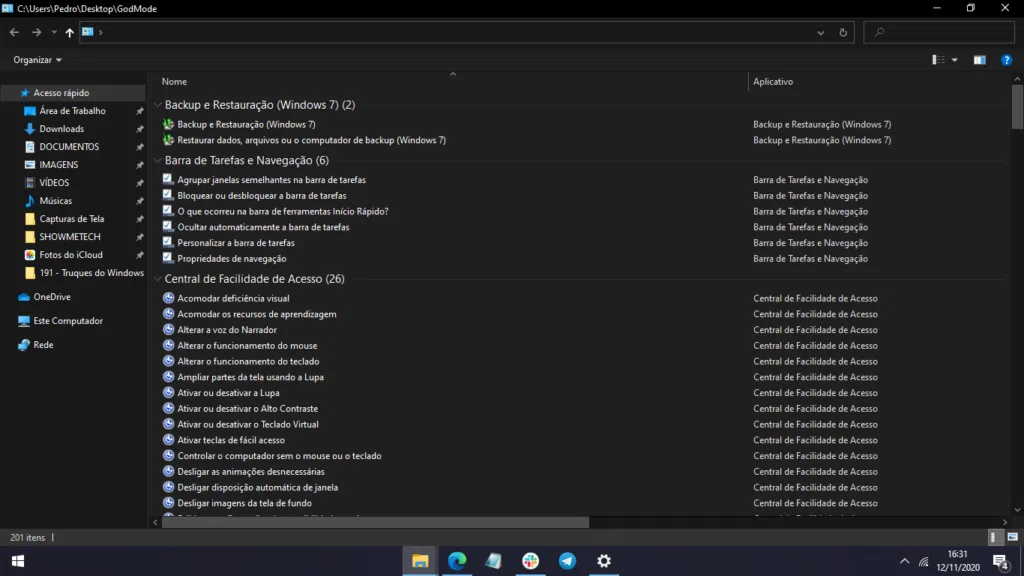 Print do modo deus, um dos truques do windows 10