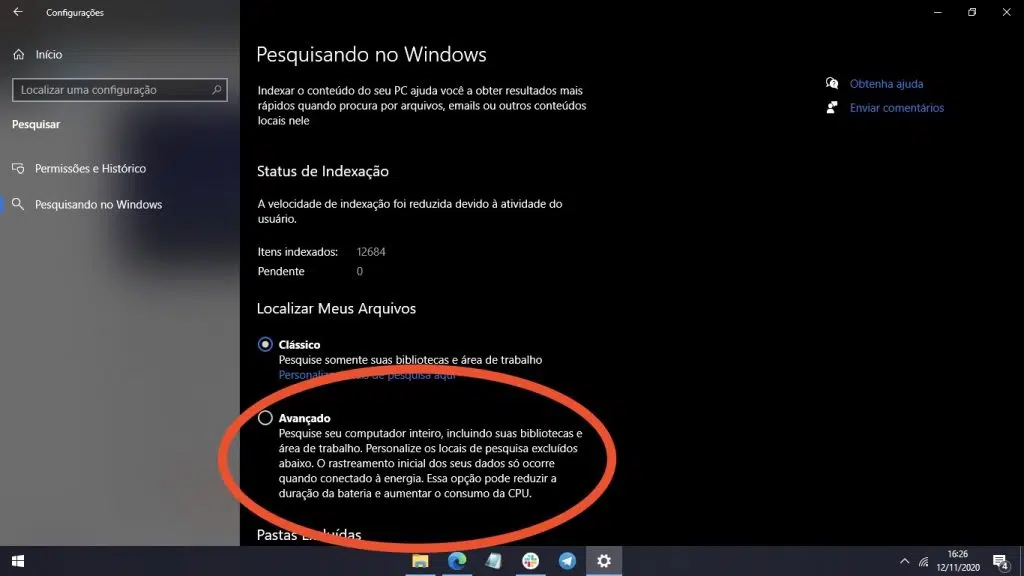 Print da configuração da pesquisa avançada, um dos truques do windows 10