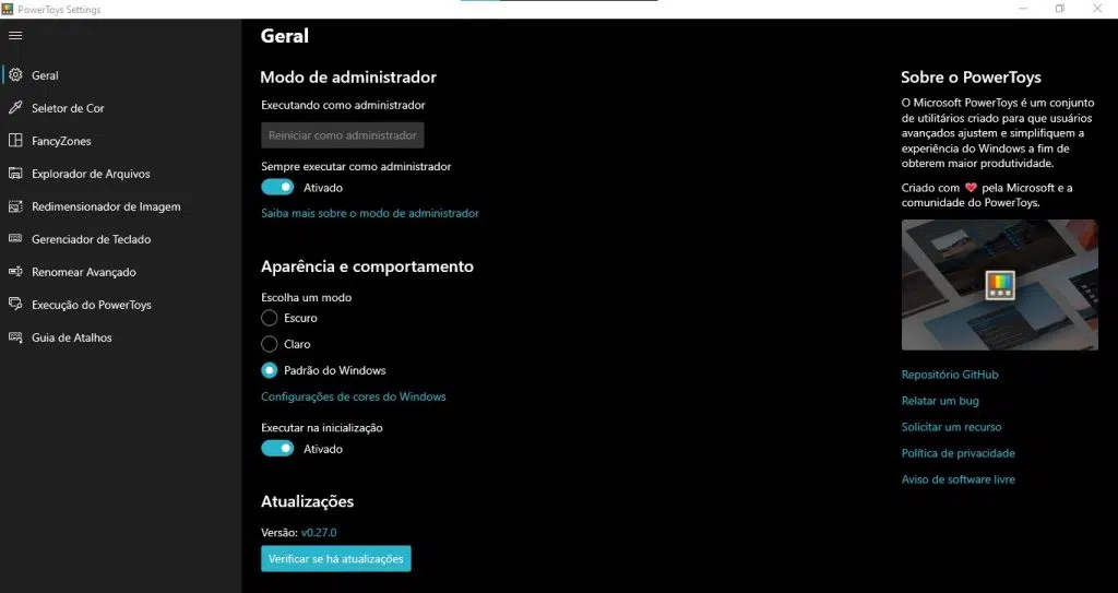 Tela de configurações gerais do powertoys