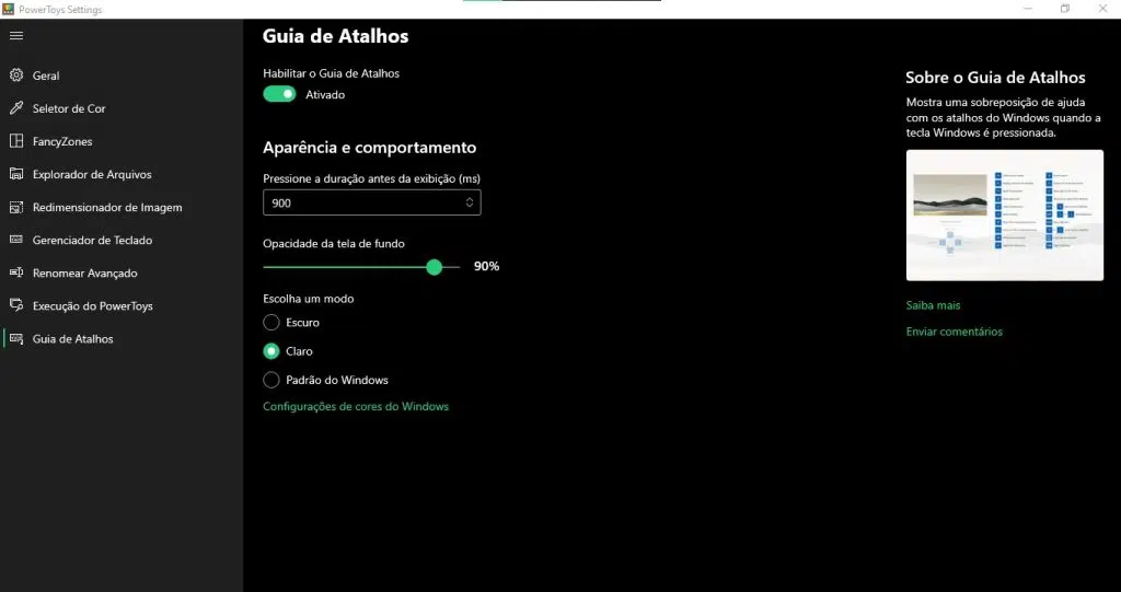 Guia de atalhos do powertoys