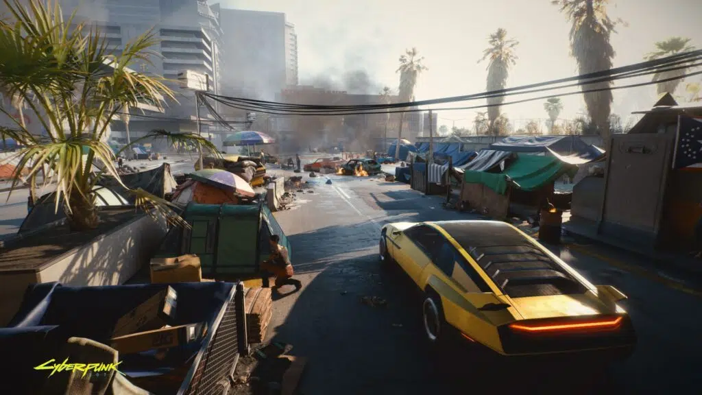 Cyberpunk 2077 carro dirige sobre parte pobre de night city