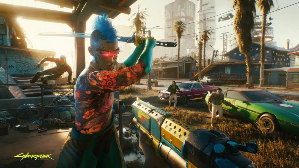 Cyberpunk 2077 samurai punk com moicano azul em pose de ação