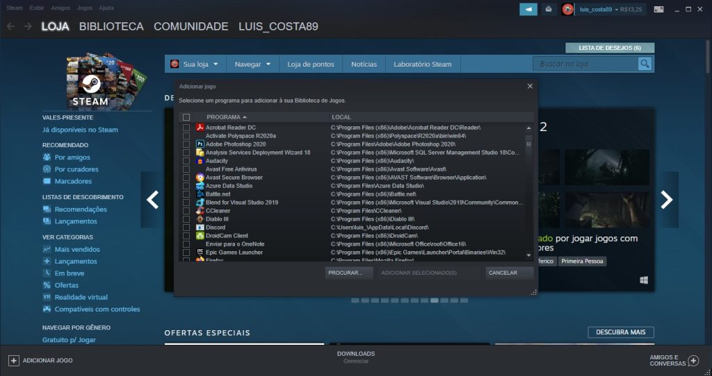 Tela do steam para adicionar um game da biblioteca do computador