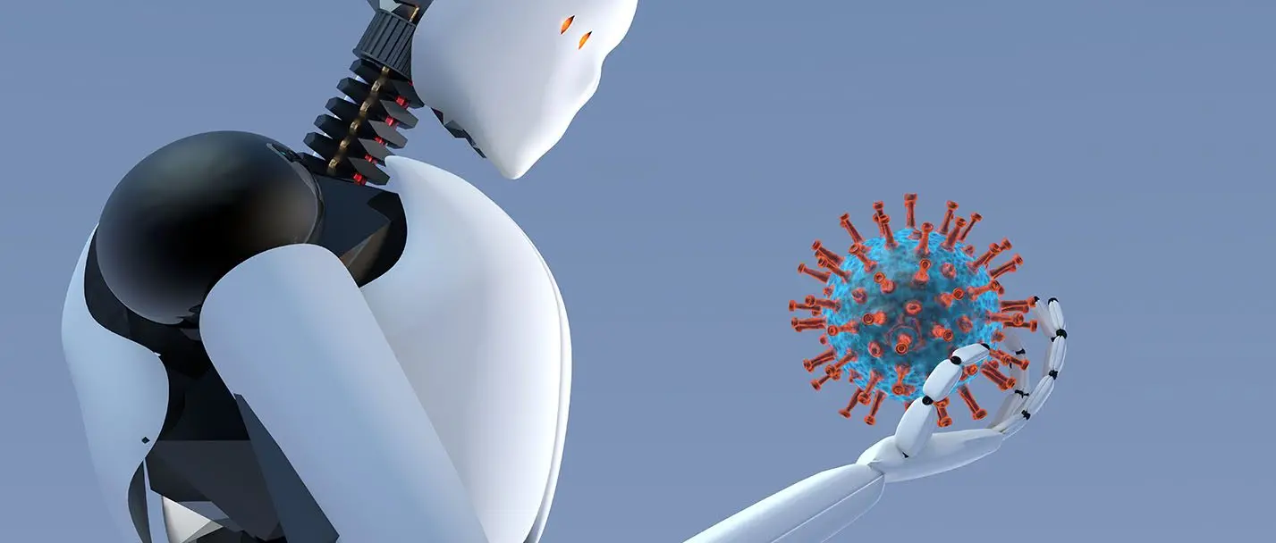 Artificial intelligence humanoid robot holding corona virus (covid-19) in it's hand concept of robotics usage in science