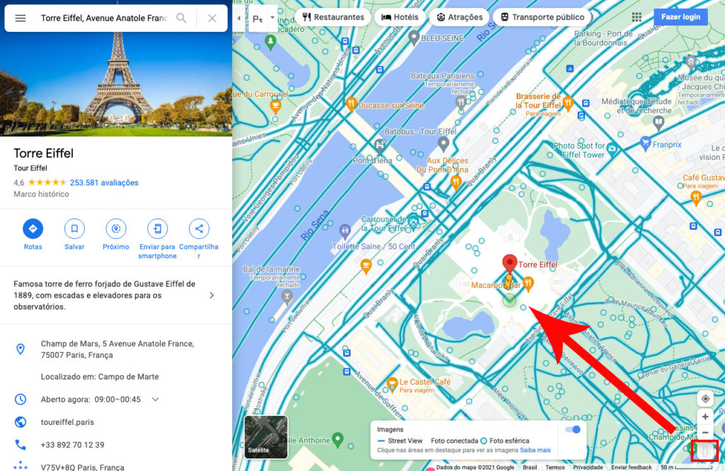 Captura de tela do google maps em computador. À esquerda, a foto e informações do local torre eiffel aparecendo no campo de busca. À direita, ocupando quase toda tela, o mapa do ponto escolhido. O pegman está caindo sobre o ponto escolhido e uma seta vermelha aponta do canto inferior direito onde estava para onde está sendo direcionado.