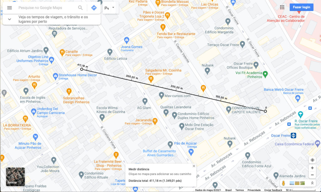 Captura de tela de mapa da cidade de são paulo no google maps. Uma linha preta parecendo uma régua graduada com pontos indicando distâncias em metros. Na extremidade dela, há dois pontos brancos com contorno em preto.