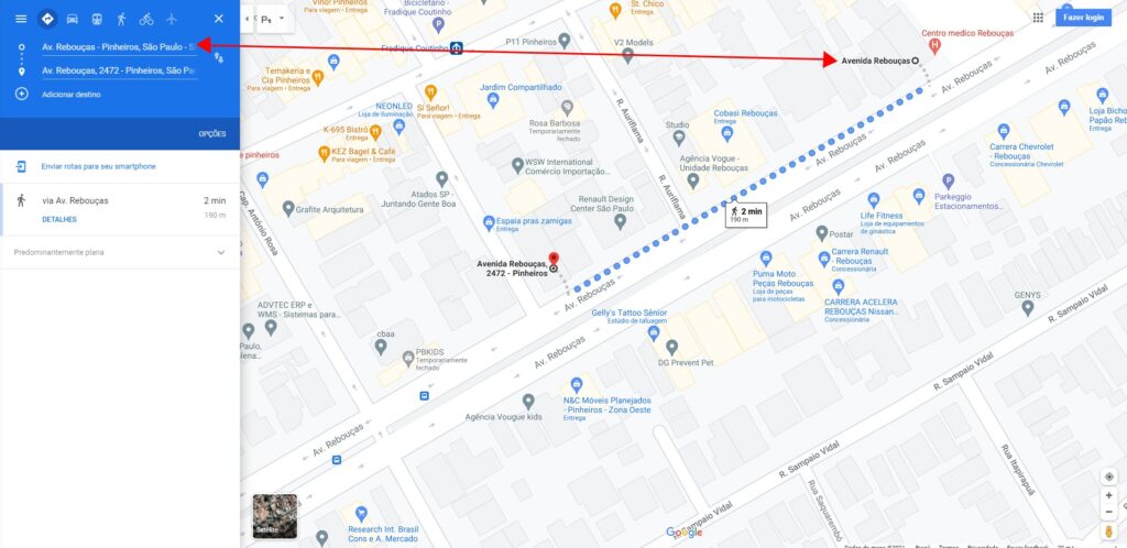 Captura de tela do mapa com a av. Rebouças em destaque. Uma trajetória em azul definida entre 2 pontos da mesma avenida.