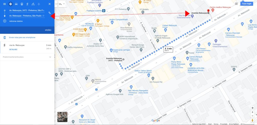 Captura de tela do mapa com a av. Rebouças em destaque. Uma trajetória em azul definida entre 2 pontos da mesma avenida.