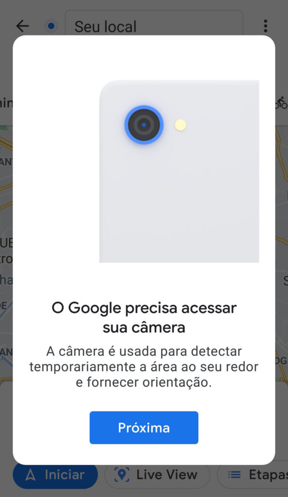 Captura da tela o google precisa acessar sua câmera no aplicativo google maps.