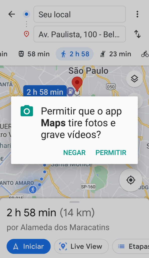 Captura da tela de autorização de captura de fotos e vídeos no google maps.