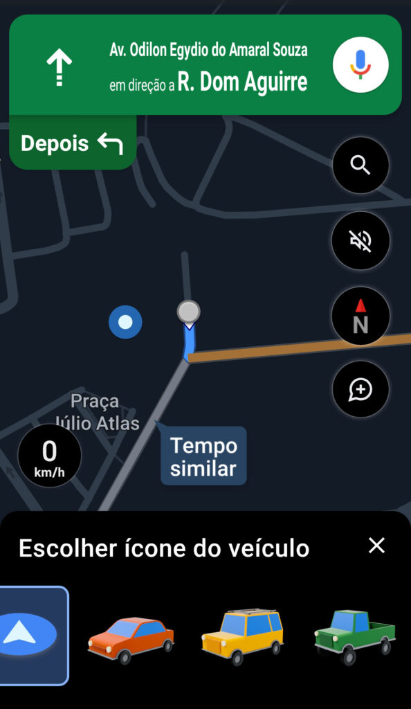 Captura de tela do aplicativo google maps com uma rota traçada entre dois pontos em mapa da cidade de são paulo. Na parte inferior, um menu com quatro opções. Da esquerda para a direita, ícone, carro vermelho sedan, carro, carro amarelo suv e carro verde pickup.