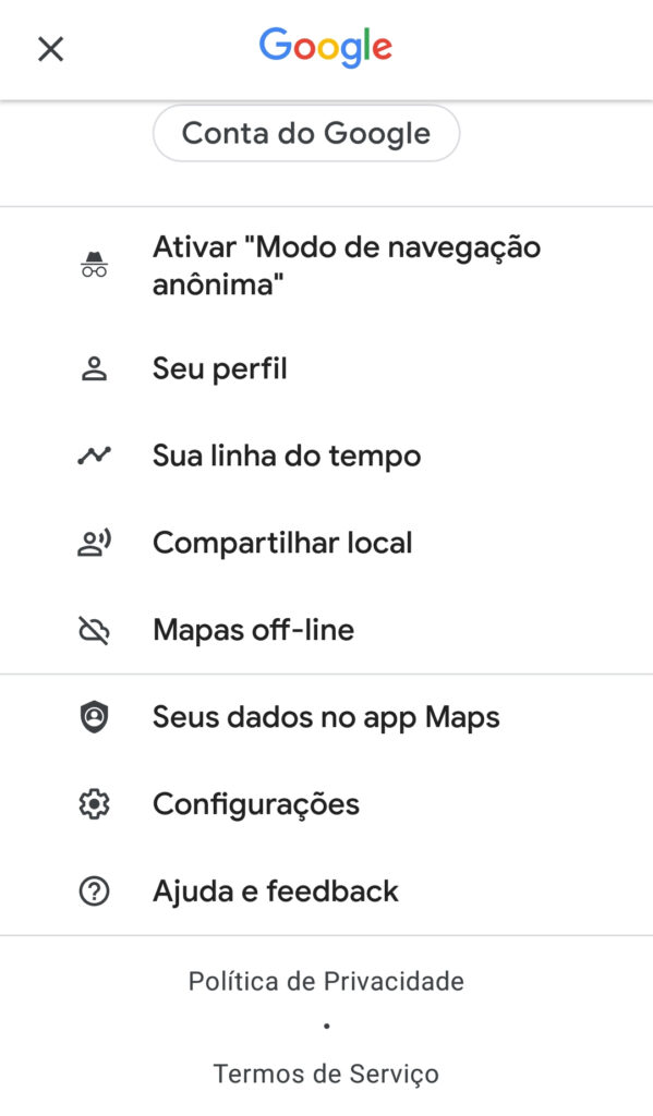 Captura de tela do aplicativo google maps com menu aberto.