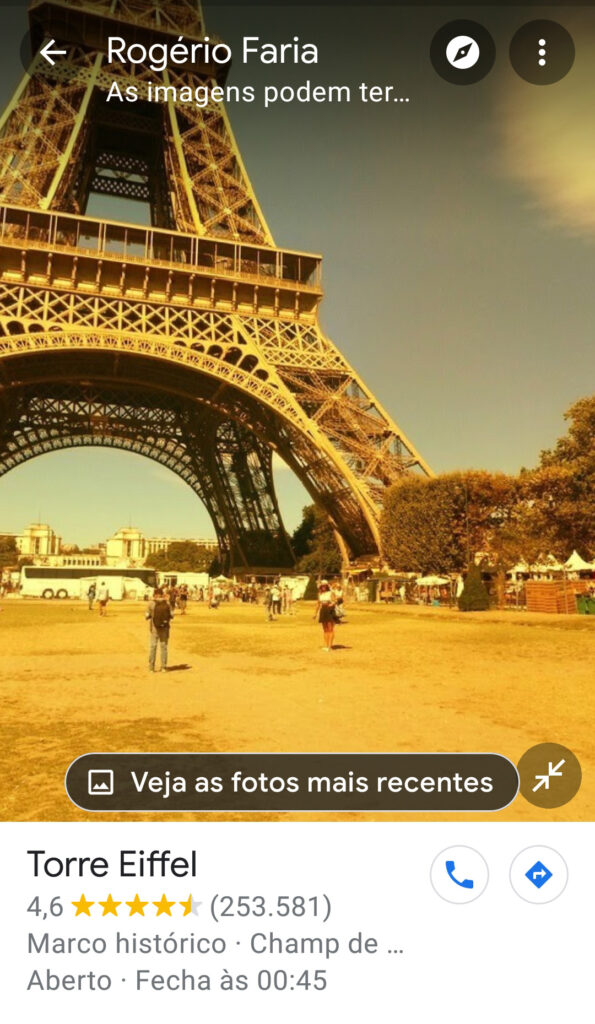 Captura de tela do aplicativo google maps com street view da torre eiffel.