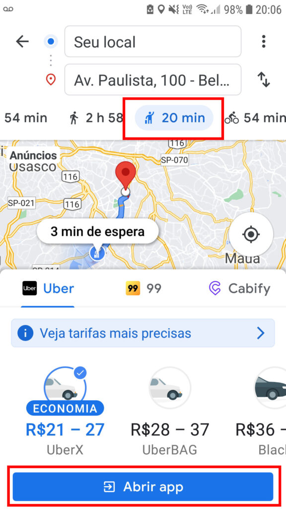 Captura de tela do aplicativo maps mostrando trajetos para corridas por aplicativo. O ícone de corridas por aplicativo e o botão abrir app estão contornados em vermelho.