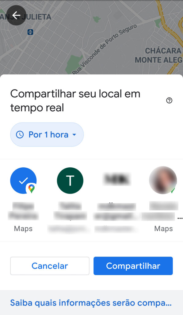 Captura de tela do menu compartilhar seu em tempo real no google maps.