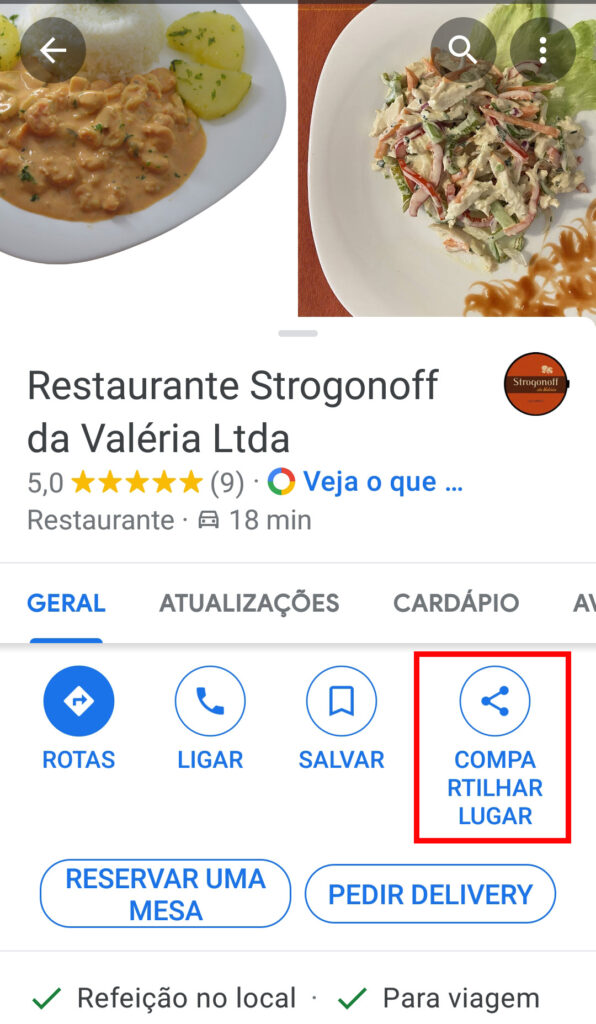 Captura de tela do local restaurante strogonoff da valéria ltda. Na parte inferior, à direita, o botão compartilhar lugar está contornado em vermelho. À esquerda dele, o botão salvar.