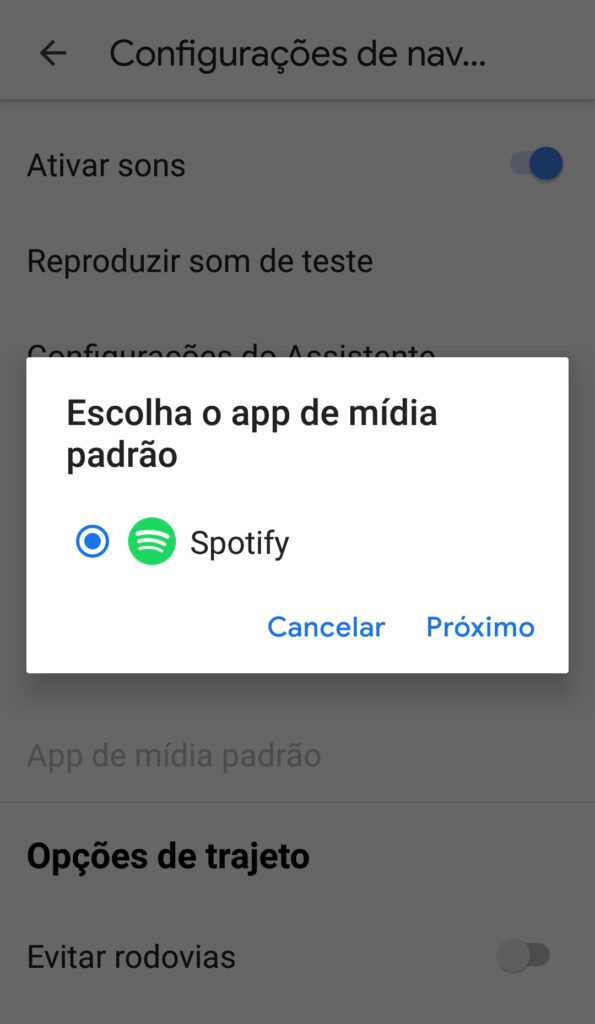 Captura de tela do menu escolha o app de mídia padrão.