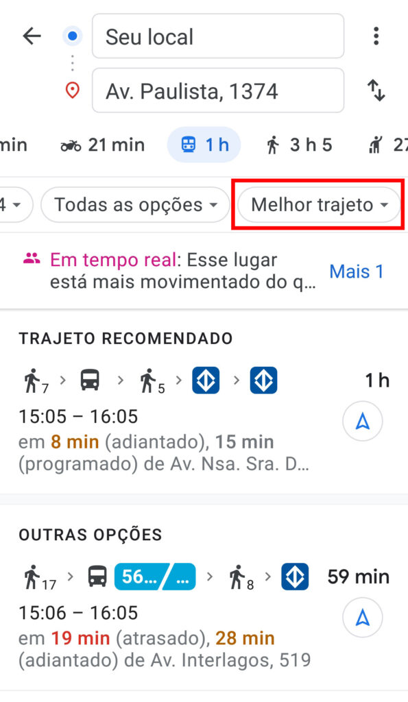 Captura de tela da página do google maps com trajeto entre seu local e av. Paulista, 1374. A opção melhor trajeto está circulada em vermelho.