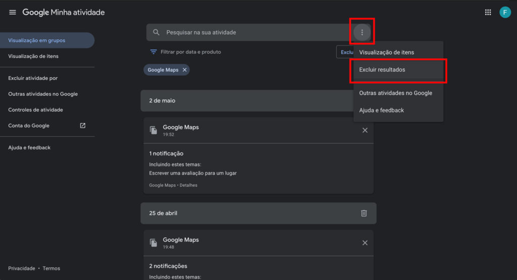 Captura de tela da página my activity no google maps. A opção excluir resultados aparece contornada em vermelho.
