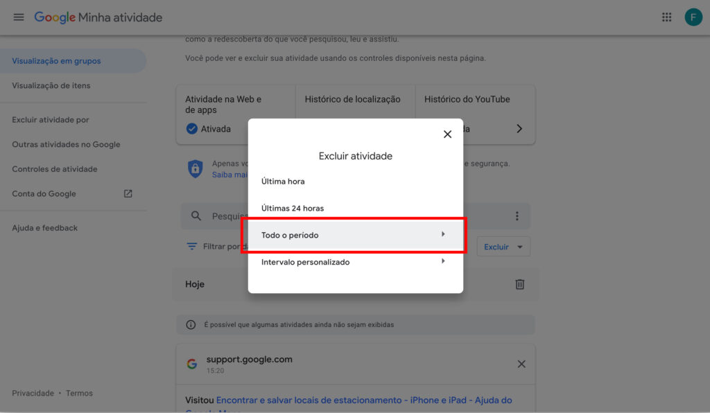 Captura de tela da página my activity do gogle