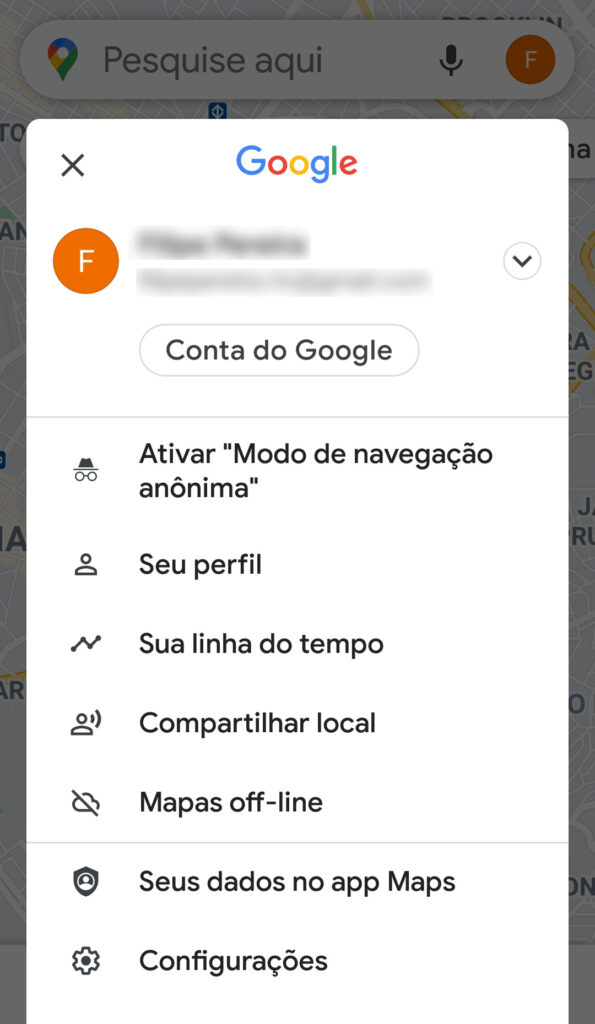 Captura de tela do menu do google maps.