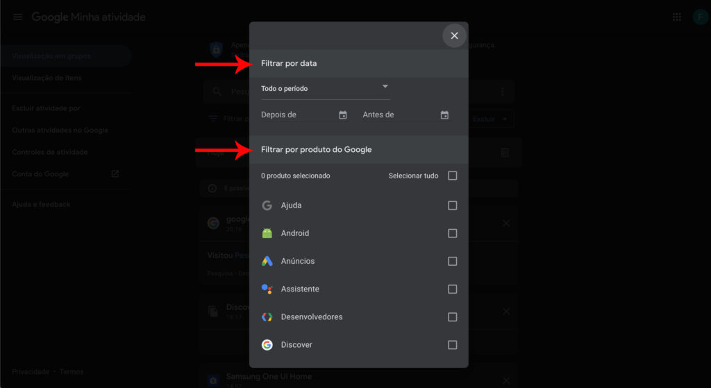 Captura de tela da página my activity no google maps. Duas setas vermelhas apontam para filtrar por data e filtrar por produto do google.