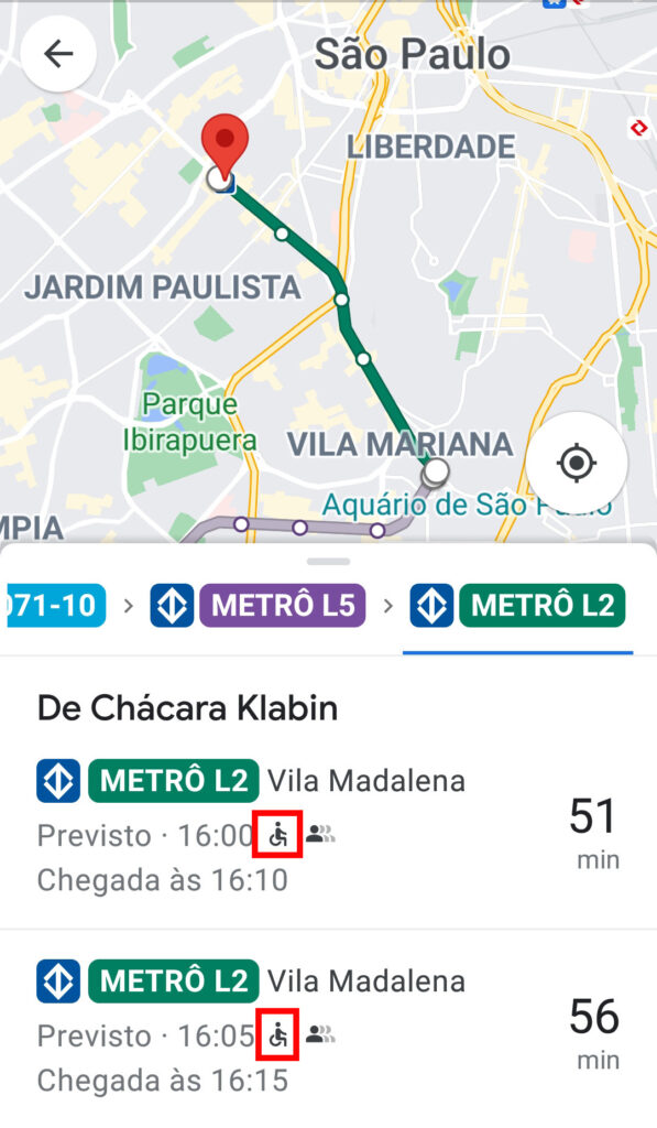 Captura de tela do trajeto por metrô. Em destaque, na parte inferior, a estação chácara klabin. O ícone de cadeira de rodas está circulado em vermelho.