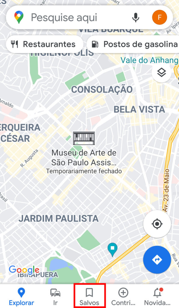 Captura de tela do google maps. Na parte inferior, o botão salvar contornado em vermelho.