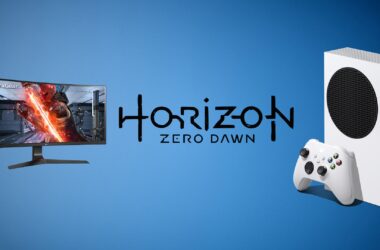 Fundo azul; em primeiro plano, na ordem: monitor da lg, logo de horizon zero dawn e xbox series s.