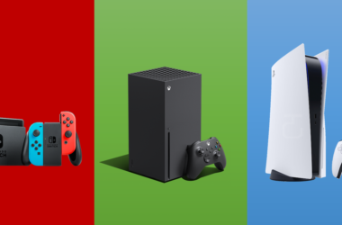 Nintendo switch em fundo vermelho; xbox series x em fundo verde; playstation 5 em fundo azul.