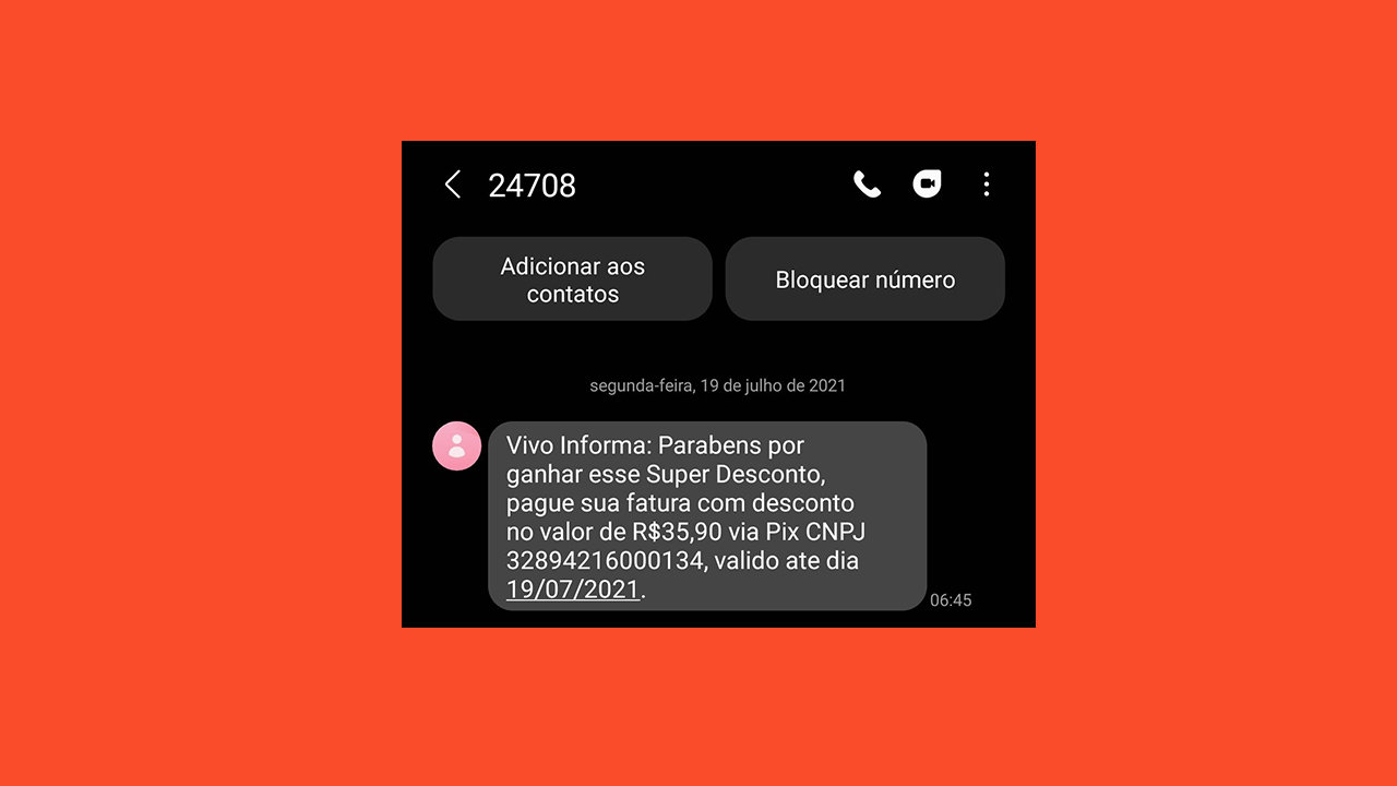 Golpe por sms pede pagamento de conta telefônica com pix