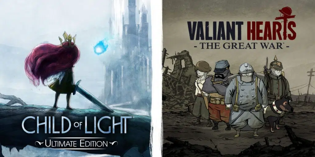 Arte de child of light à esquerda e de valiant hearts à direita.