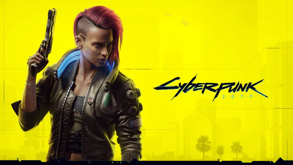 Fundo amarelo; mulher com ciberimplantes e o logo de cyberpunk 2077.