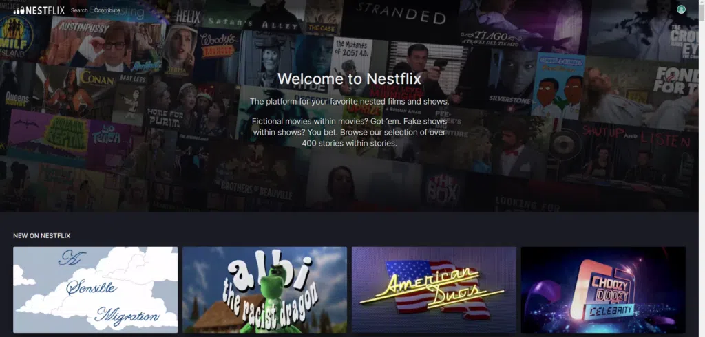 Página principal da nestflix, com já algumas das séries fictícias registradas nela.