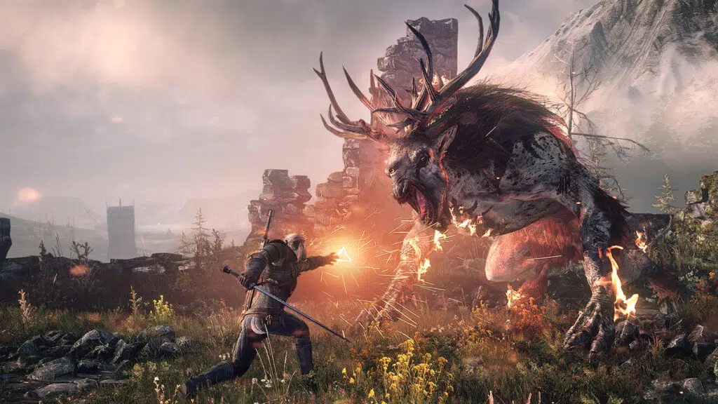 Geralt, protagonista de the witcher 3, lança magia de fogo contra criatura.