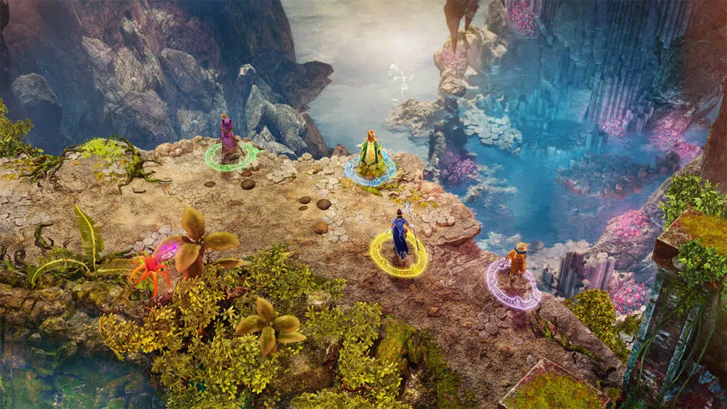 Cenário de nine parchments: quatro personagens em plataforma observam paisagem de mar com rochas ao fundo.