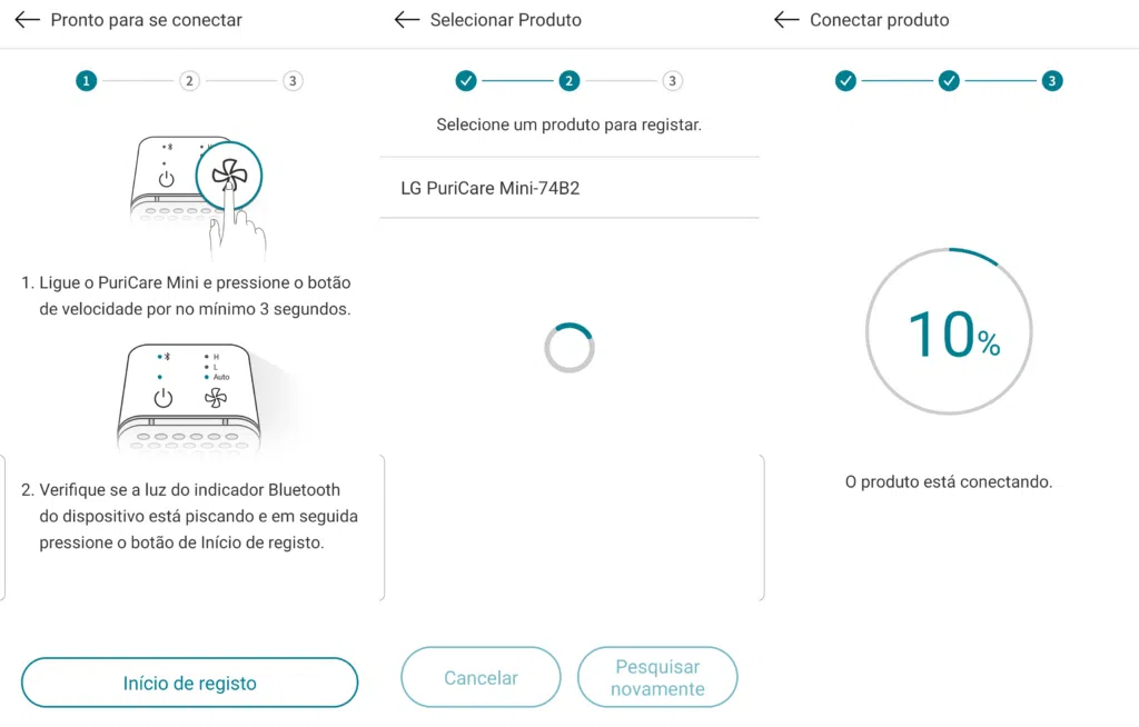 Aplicativo puricare mini se conectando com o aparelho