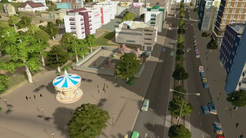 Rua com veículos e alguns prédios em cities: skylines.