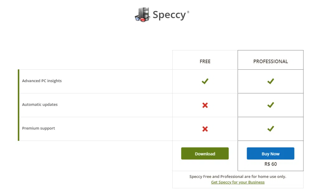 Página de download do speccy