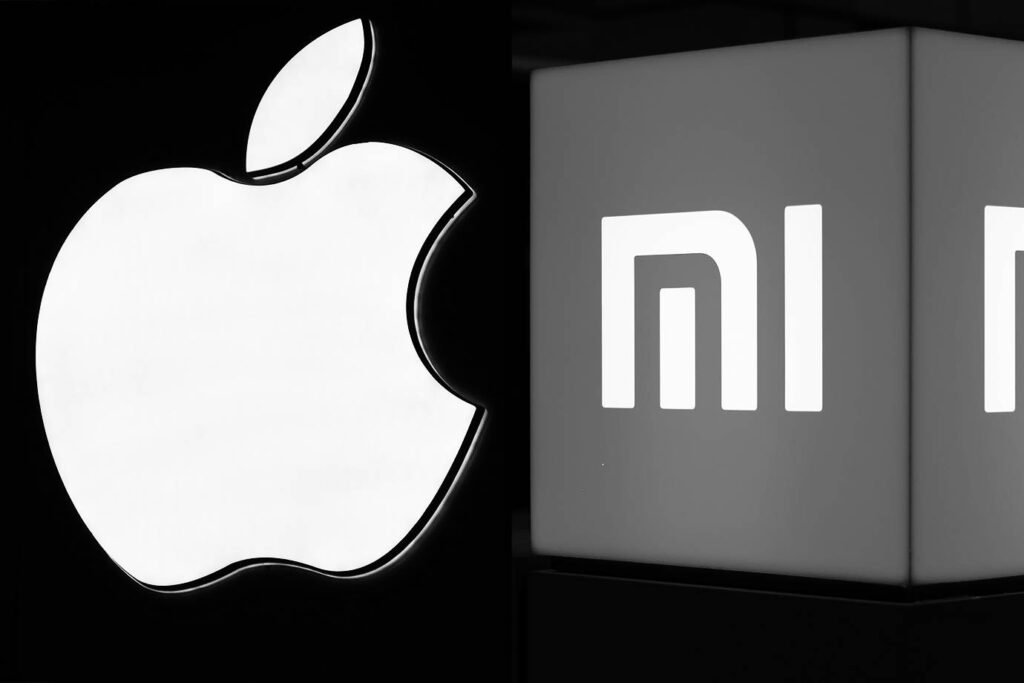 Logo de apple e xiaomi em um fundo preto