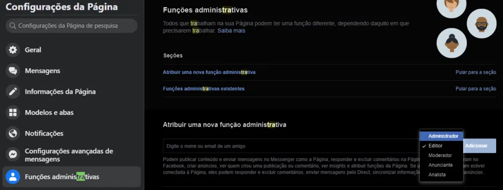 Como modificar a propriedade de páginas no facebook?