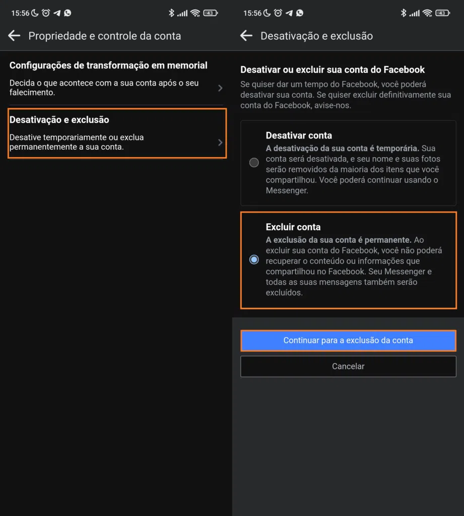 Passo a passo de como excluir a conta do facebook pelo celular