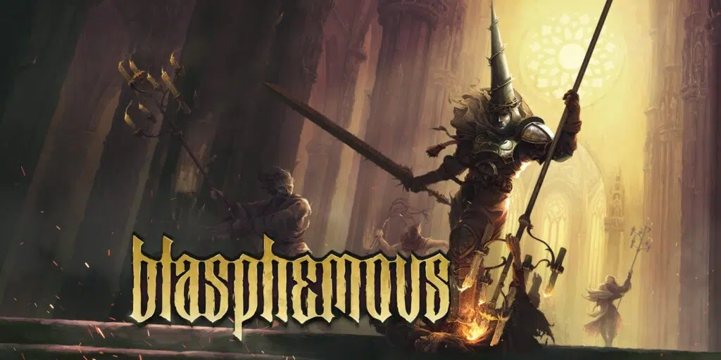 Imagem promocional de blasphemous, com o personagem principal segurando uma espada na mão direita.