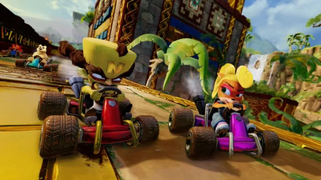 Disputa entre os personagens da franquia crash, em corrida de kart.