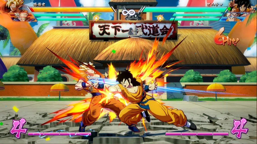 Imagem mostrando yamcha e goku, de dragon ball, lutando em dragon ball fighterz