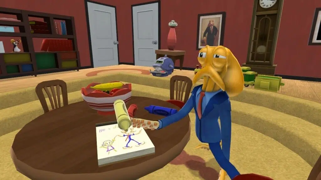 Octodad, o pai que é um polvo, tentando entender como se desenha em um caderno