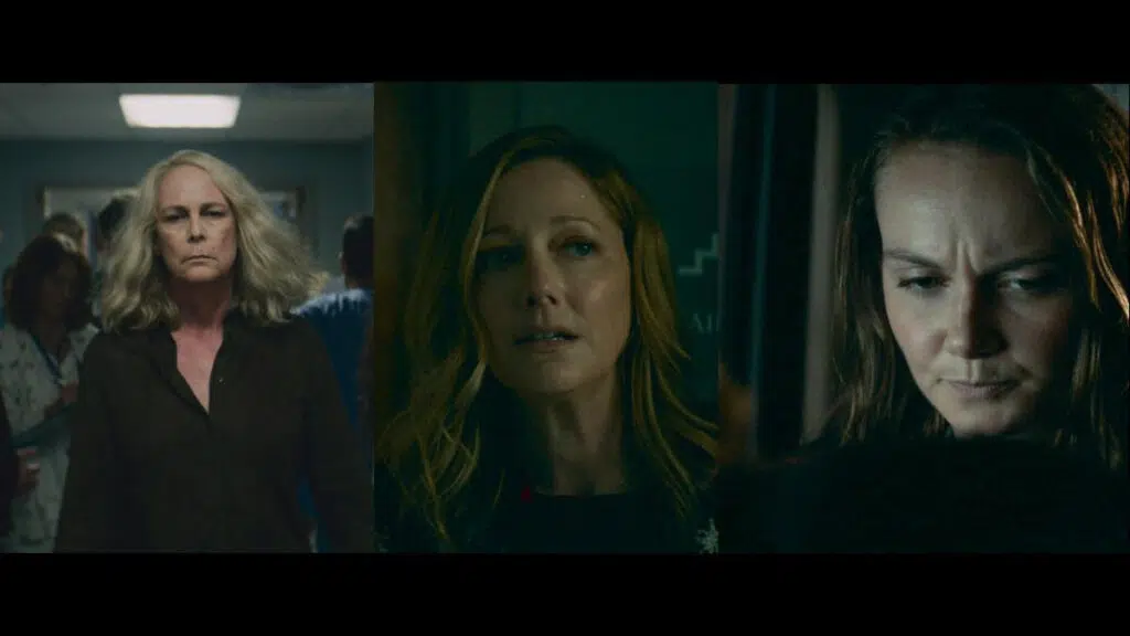 Jamie lee curtis como laurie, judy greer como karen e andi matichak como allyson em halloween kills: o terror continua (2021)