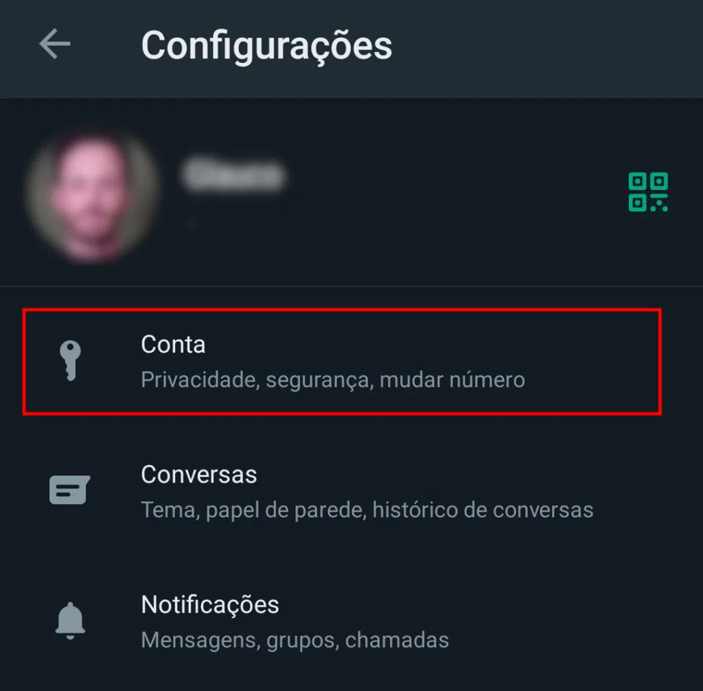 Tela de configurações do whatsapp