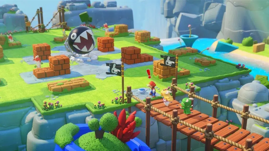 Mario, peach e rabbid luigi chegam a um cenário de batalha, com chain chomp.